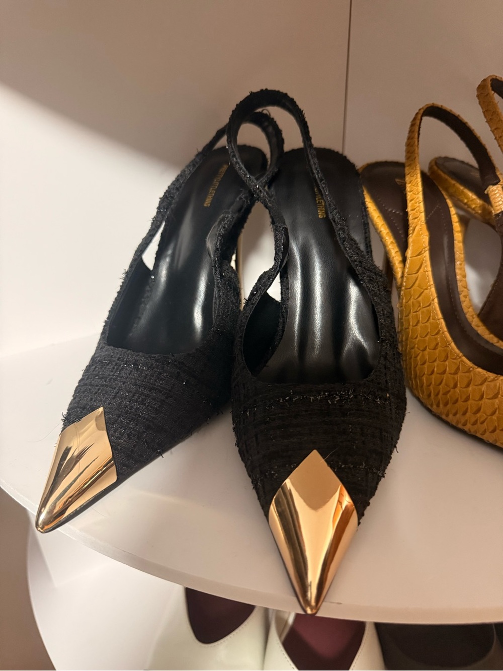 PrettyLittleThing Black Slingback Pointed Heels with Gold Toe Cap
